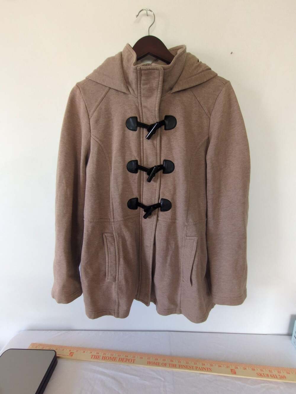 Sebby Toggle Jacket Size L Taupe Hooded Fleece Horn Button